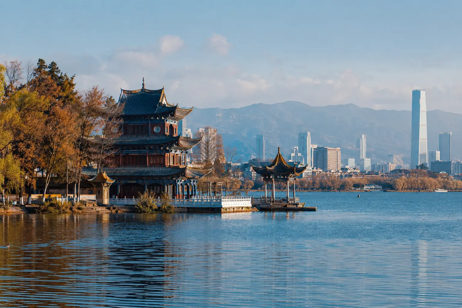 Kunming skyline and traditional pavilion